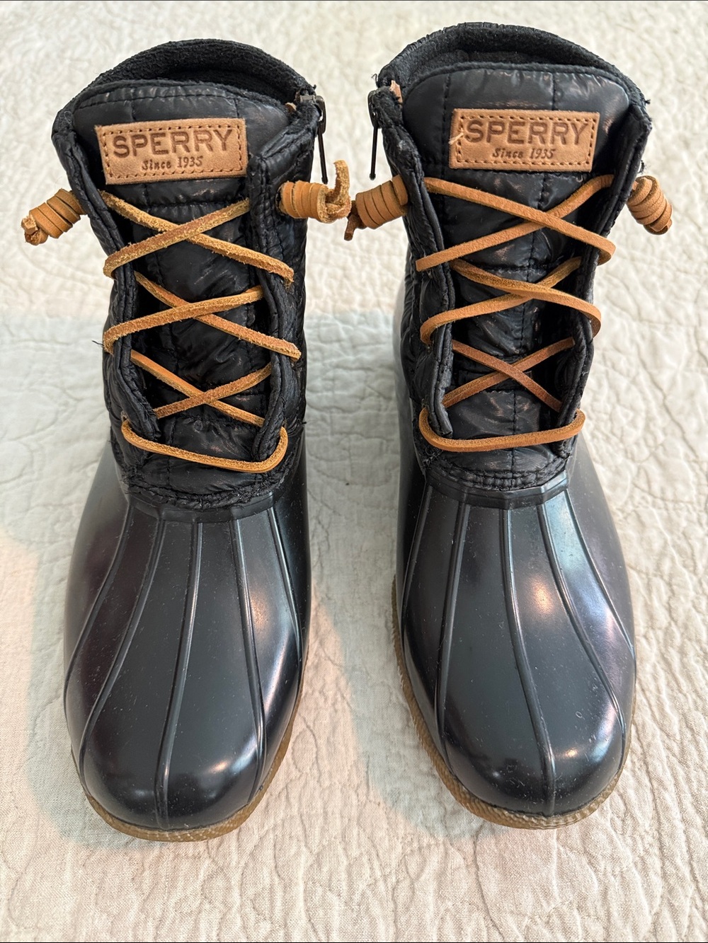 Sperry Woman’s Black Duck Boots with Brown Laces and Accents